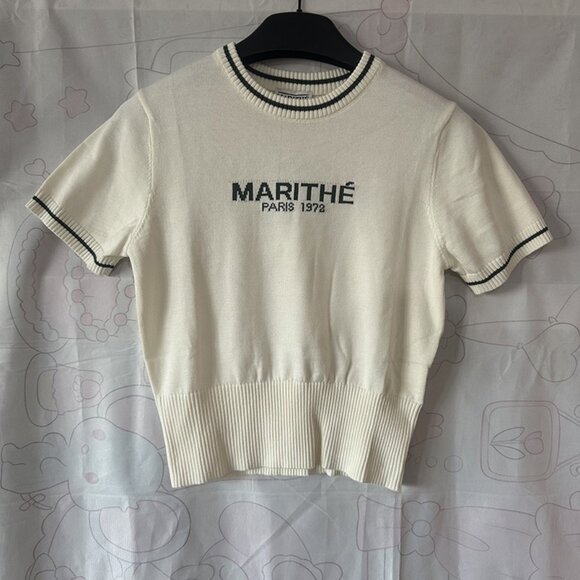 Marithe Francois Girbaud Lettering Crew Neck Knitted Short Sleeves - Picture 1 of 6
